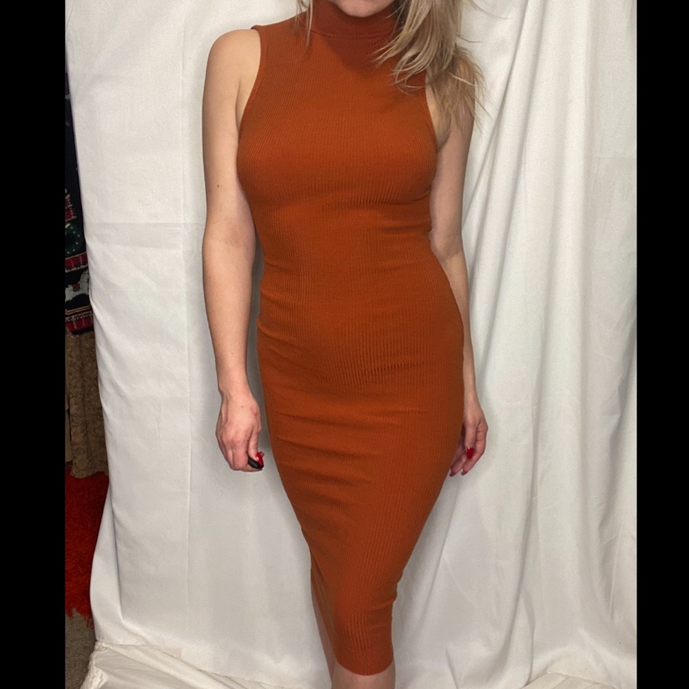 Turtleneck bodycon ribbed long burnt orange dress